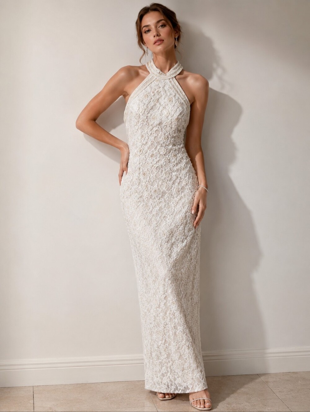 Pilar Aparici Ivory Beaded Lace silk Beaded Halter Maxi Gown Dress Size 8 / S